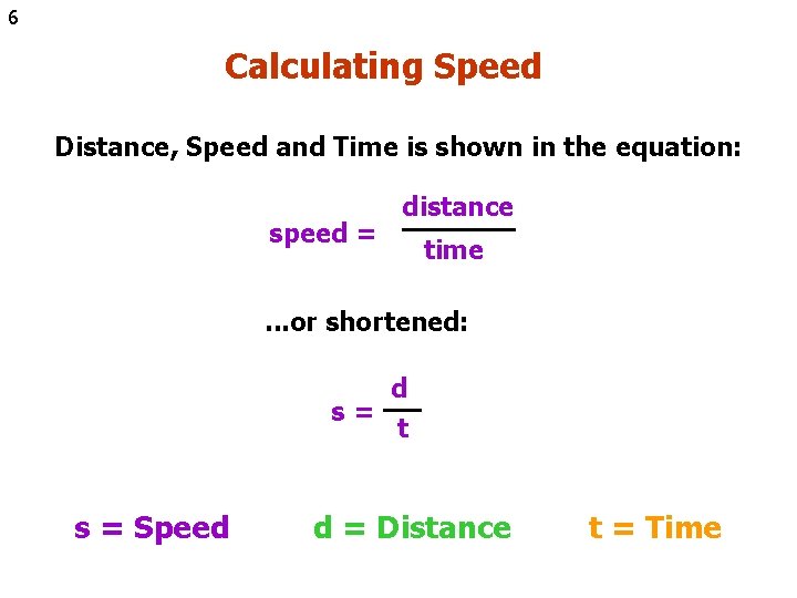 6 Calculating Speed Distance, Speed and Time is shown in the equation: speed =