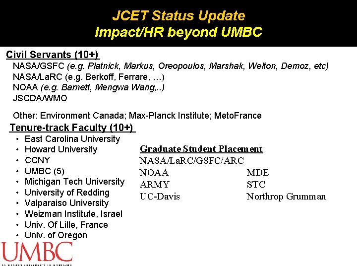 JCET Status Update Impact/HR beyond UMBC Civil Servants (10+) NASA/GSFC (e. g. Platnick, Markus, JCET Status Update Impact/HR beyond UMBC Civil Servants (10+) NASA/GSFC (e. g. Platnick, Markus,