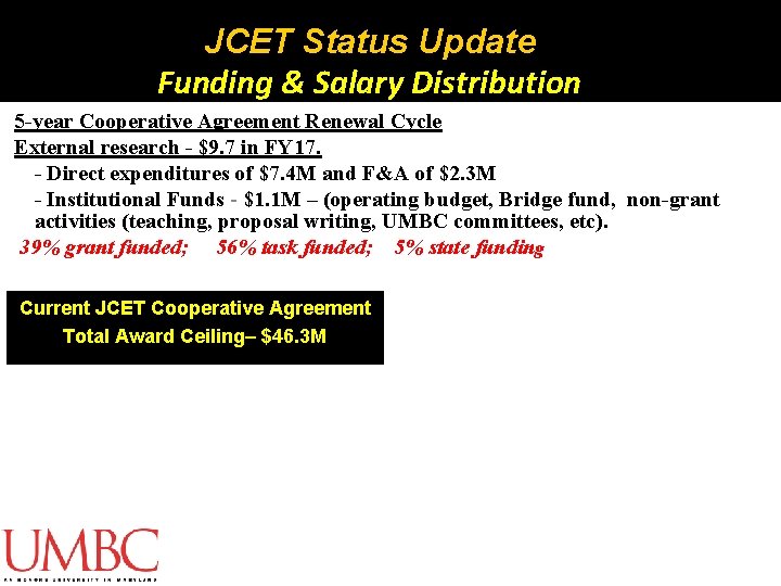 JCET Status Update Funding & Salary Distribution 5 -year Cooperative Agreement Renewal Cycle External JCET Status Update Funding & Salary Distribution 5 -year Cooperative Agreement Renewal Cycle External