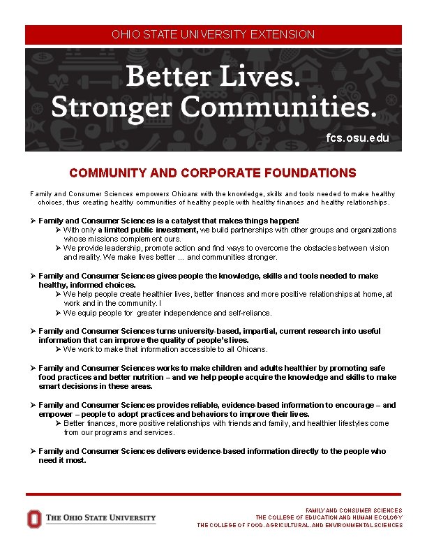 OHIO STATE UNIVERSITY EXTENSION fcs. osu. edu COMMUNITY AND CORPORATE FOUNDATIONS Family and Consumer