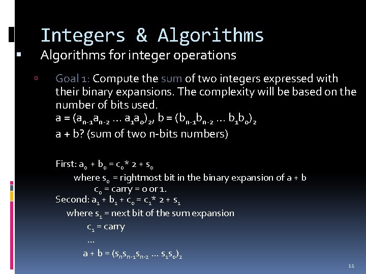 Integers & Algorithms for integer operations Goal 1: Compute the sum of two integers