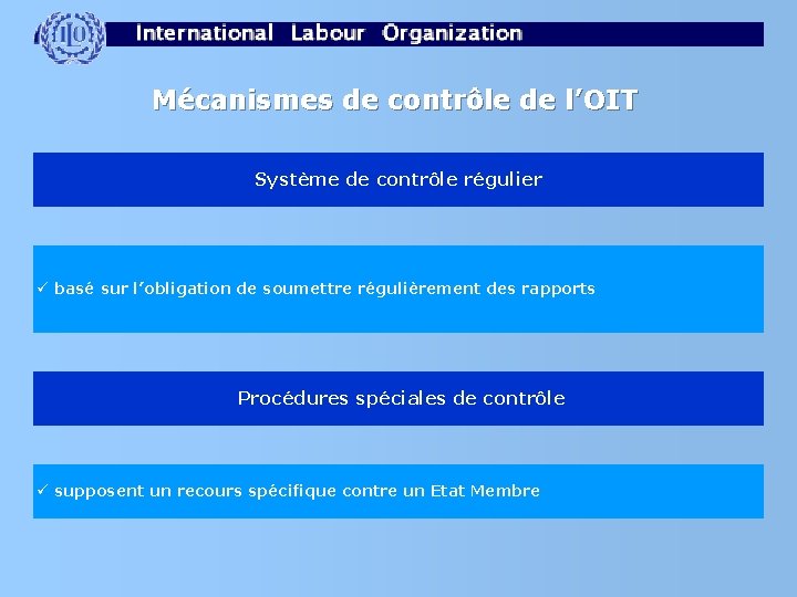 Mécanismes de contrôle de l’OIT Système de contrôle régulier ü basé sur l’obligation de