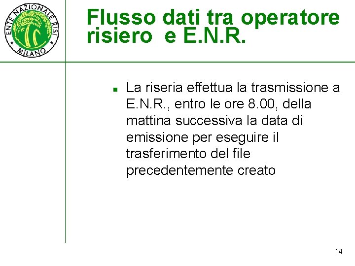 Flusso dati tra operatore risiero e E. N. R. n La riseria effettua la