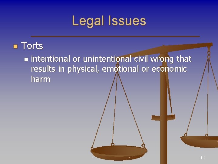 Legal Issues n Torts n intentional or unintentional civil wrong that results in physical,