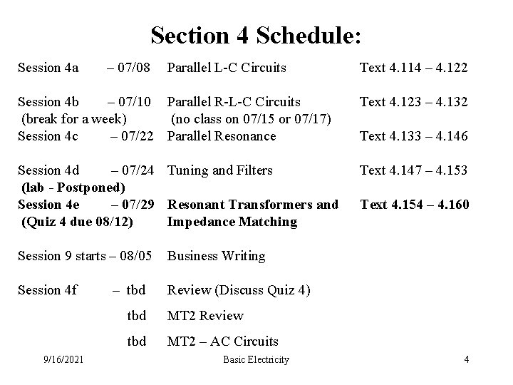 Section 4 Schedule: Session 4 a – 07/08 Parallel L-C Circuits Text 4. 114 Section 4 Schedule: Session 4 a – 07/08 Parallel L-C Circuits Text 4. 114