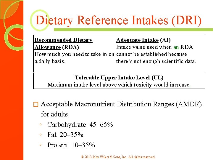 Dietary Reference Intakes (DRI) Recommended Dietary Allowance (RDA) How much you need to take