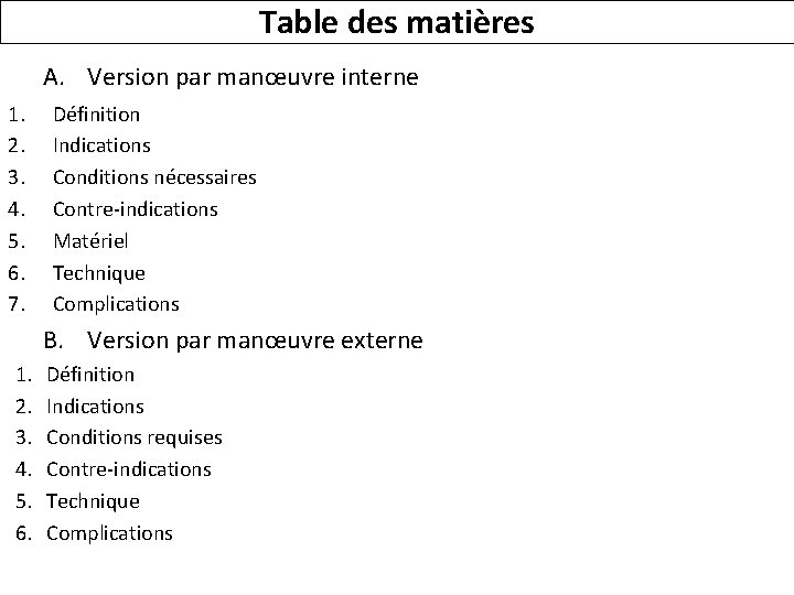 Table des matières A. Version par manœuvre interne 1. 2. 3. 4. 5. 6.