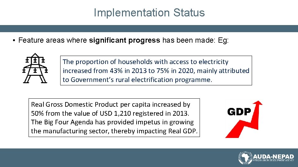 Implementation Status • Feature areas where significant progress has been made: Eg: The proportion