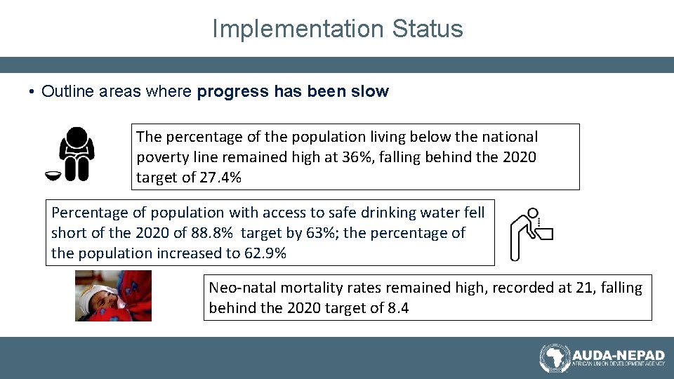 Implementation Status • Outline areas where progress has been slow The percentage of the