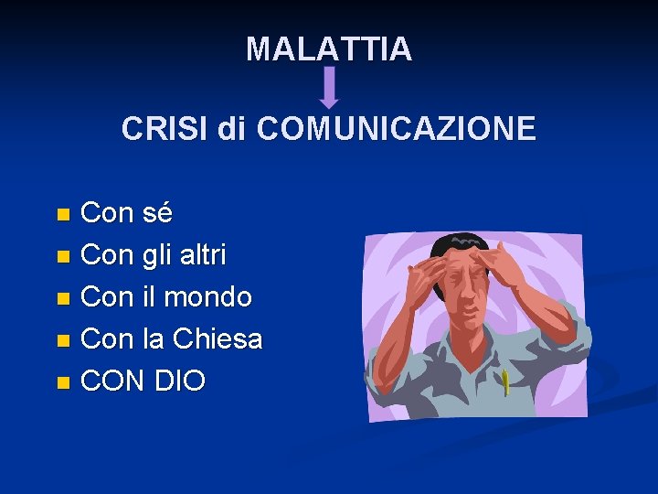 MALATTIA CRISI di COMUNICAZIONE Con sé n Con gli altri n Con il mondo