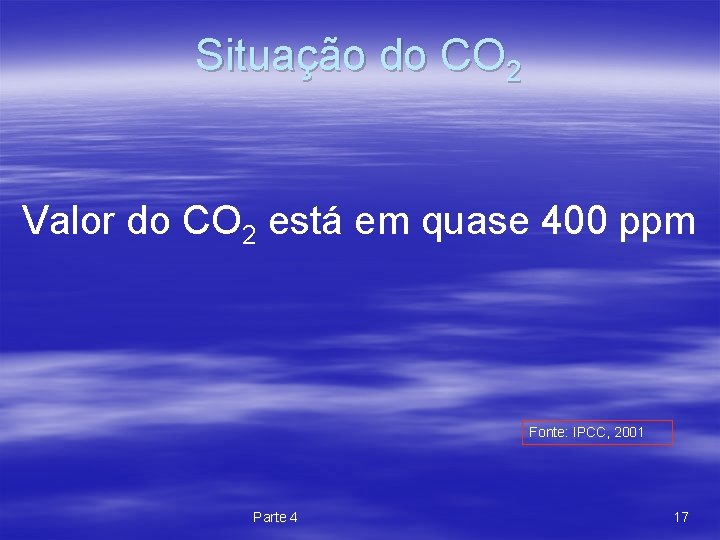 Situação do CO 2 Valor do CO 2 está em quase 400 ppm Fonte: