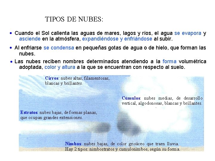 TIPOS DE NUBES: Cuando el Sol calienta las aguas de mares, lagos y ríos,