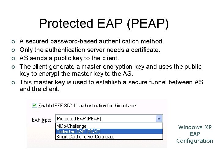 Protected EAP (PEAP) ¢ ¢ ¢ A secured password-based authentication method. Only the authentication
