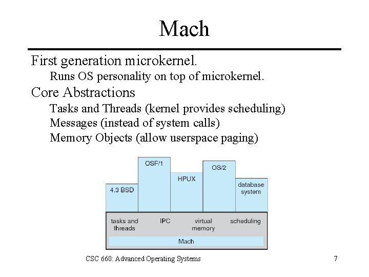 Mach First generation microkernel. Runs OS personality on top of microkernel. Core Abstractions Tasks
