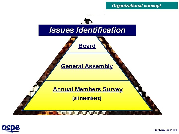 Organizational concept Issues Identification Board General Assembly Annual Members Survey (all members) September 2001