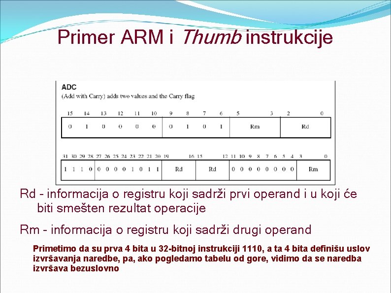 Primer ARM i Thumb instrukcije Rd - informacija o registru koji sadrži prvi operand