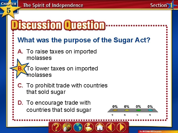 What was the purpose of the Sugar Act? A. To raise taxes on imported