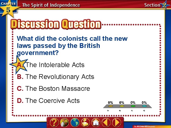What did the colonists call the new laws passed by the British government? A.