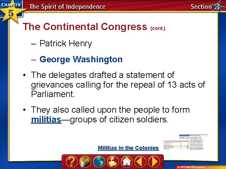 The Continental Congress (cont. ) – Patrick Henry – George Washington • The delegates