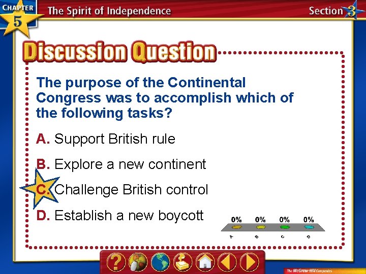 The purpose of the Continental Congress was to accomplish which of the following tasks?