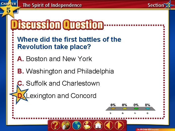 Where did the first battles of the Revolution take place? A. Boston and New