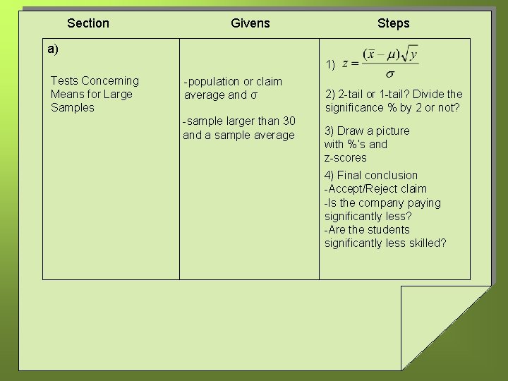 Section Givens Steps a) 1) Tests Concerning Means for Large Samples -population or claim