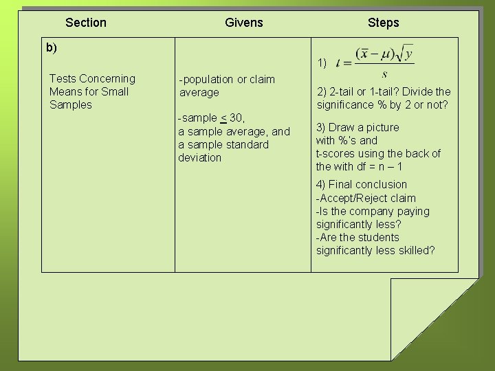 Section Givens Steps b) 1) Tests Concerning Means for Small Samples -population or claim