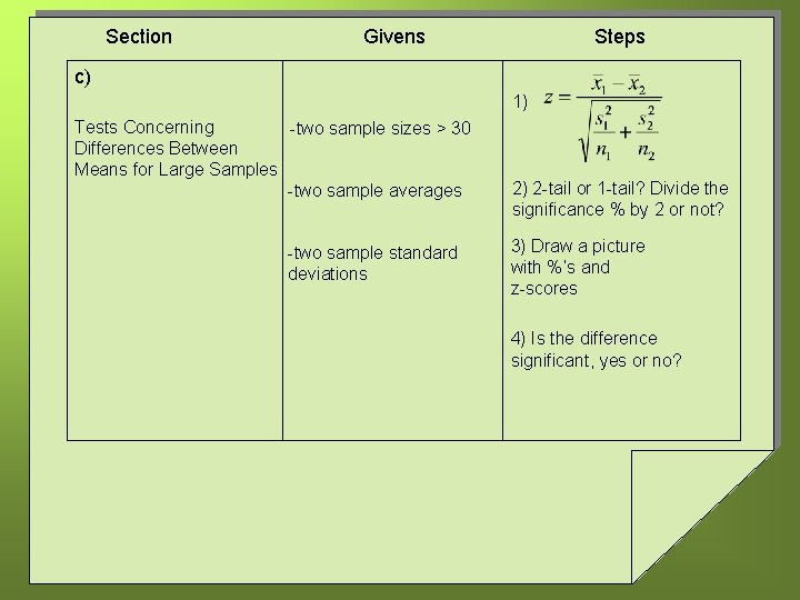 Section Givens Steps c) 1) Tests Concerning -two sample sizes > 30 Differences Between