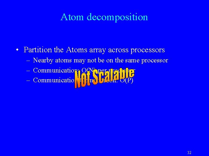 Atom decomposition • Partition the Atoms array across processors – Nearby atoms may not
