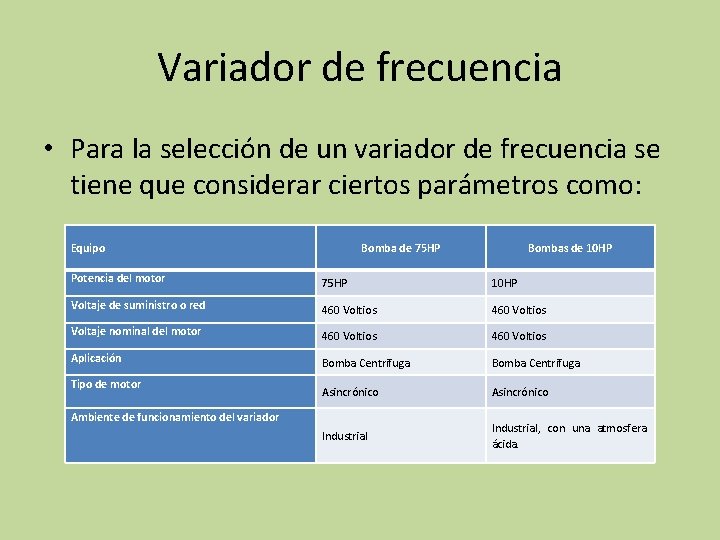 Variador de frecuencia • Para la selección de un variador de frecuencia se tiene