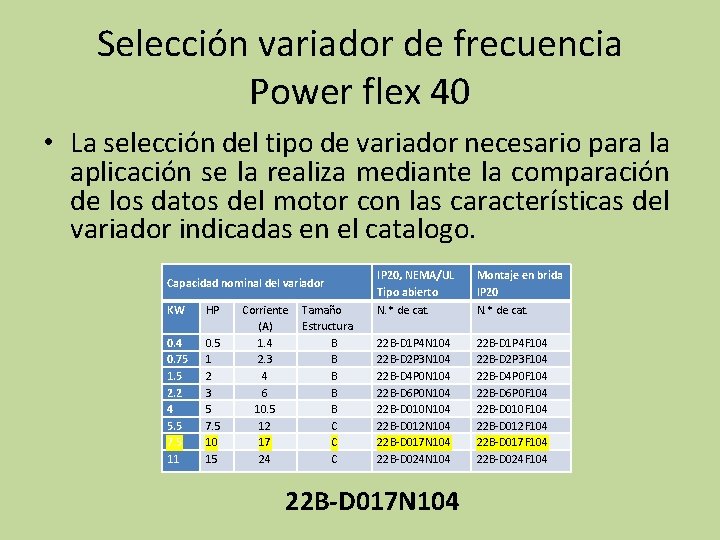 Selección variador de frecuencia Power flex 40 • La selección del tipo de variador