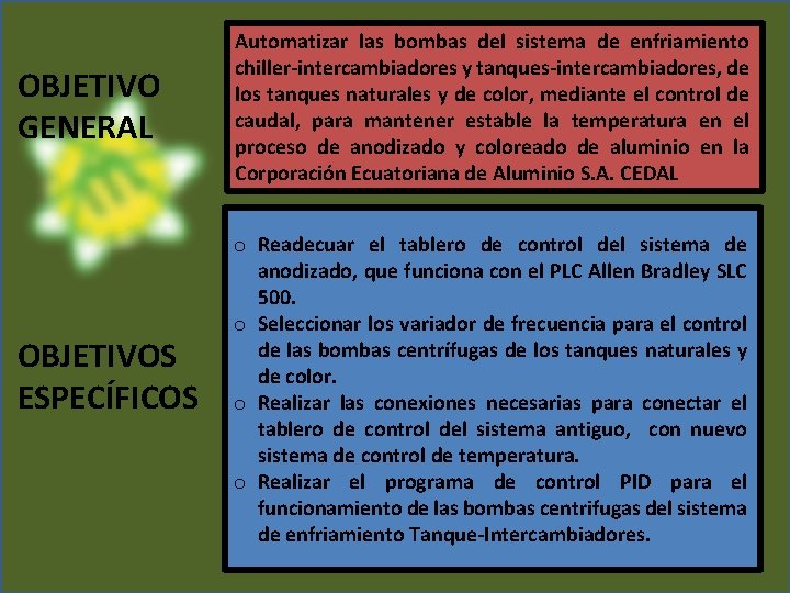 OBJETIVO GENERAL OBJETIVOS ESPECÍFICOS Automatizar las bombas del sistema de enfriamiento chiller-intercambiadores y tanques-intercambiadores,