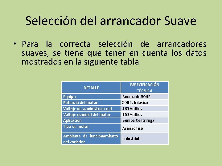 Selección del arrancador Suave • Para la correcta selección de arrancadores suaves, se tiene