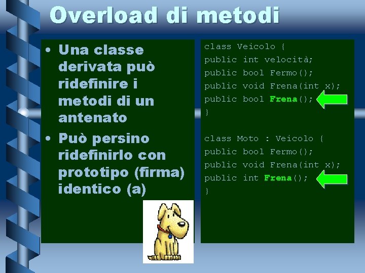 Overload di metodi • Una classe derivata può ridefinire i metodi di un antenato