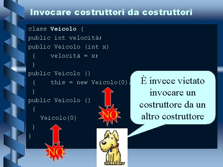 Invocare costruttori da costruttori class Veicolo { public int velocità; public Veicolo (int x)