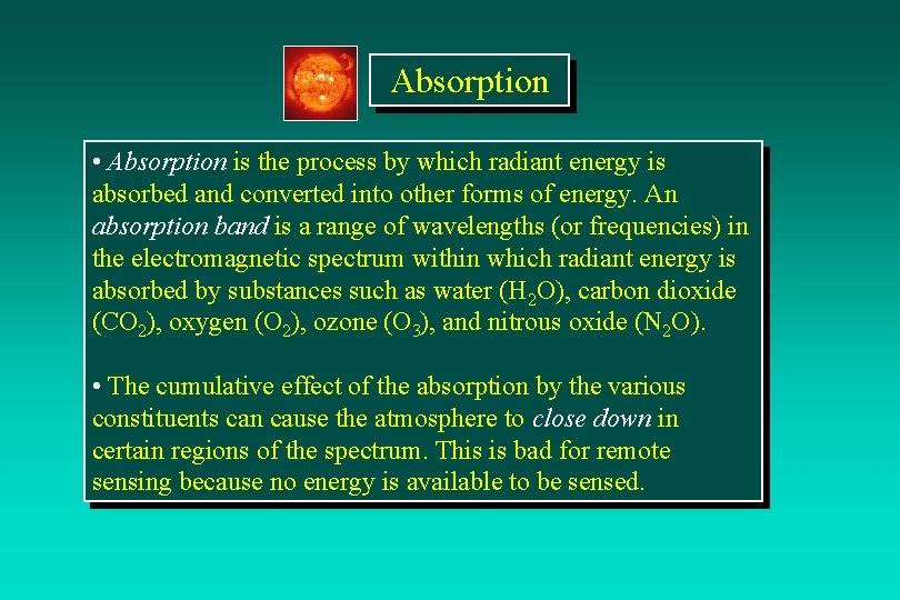 Absorption • Absorption is the process by which radiant energy is absorbed and converted