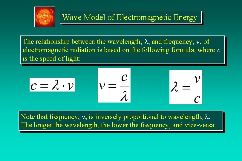 Wave Model of Electromagnetic Energy The relationship between the wavelength, , and frequency, ,
