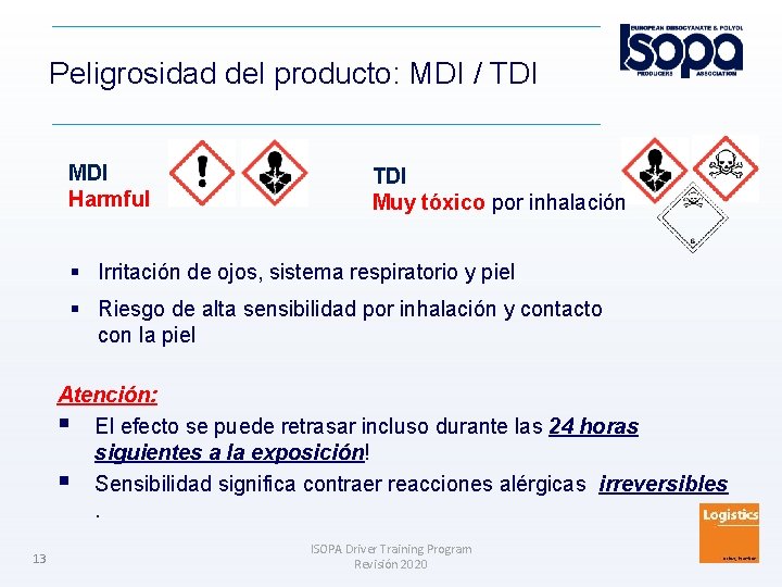 Peligrosidad del producto: MDI / TDI MDI Harmful TDI Muy tóxico por inhalación Irritación