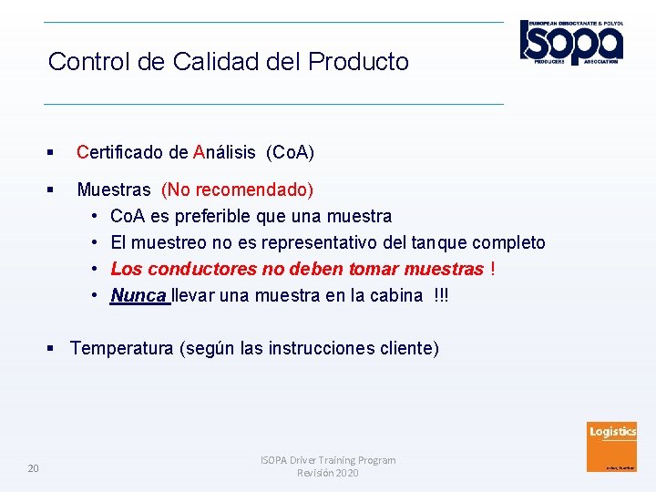 Control de Calidad del Producto Certificado de Análisis (Co. A) Muestras (No recomendado) •