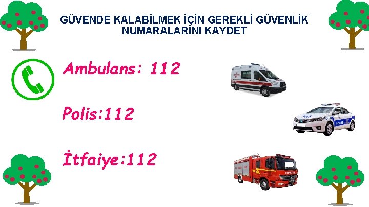 GÜVENDE KALABİLMEK İÇİN GEREKLİ GÜVENLİK NUMARALARINI KAYDET Ambulans: 112 Polis: 112 İtfaiye: 112 