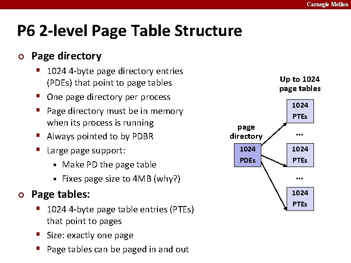 Carnegie Mellon P 6 2 -level Page Table Structure ¢ Page directory § 1024