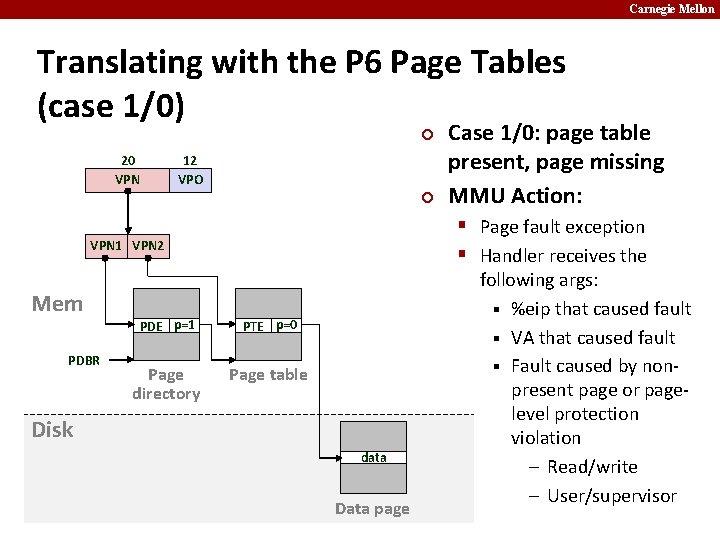 Carnegie Mellon Translating with the P 6 Page Tables (case 1/0) ¢ 20 VPN