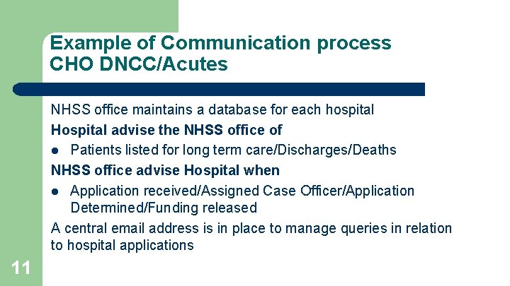 Example of Communication process CHO DNCC/Acutes NHSS office maintains a database for each hospital