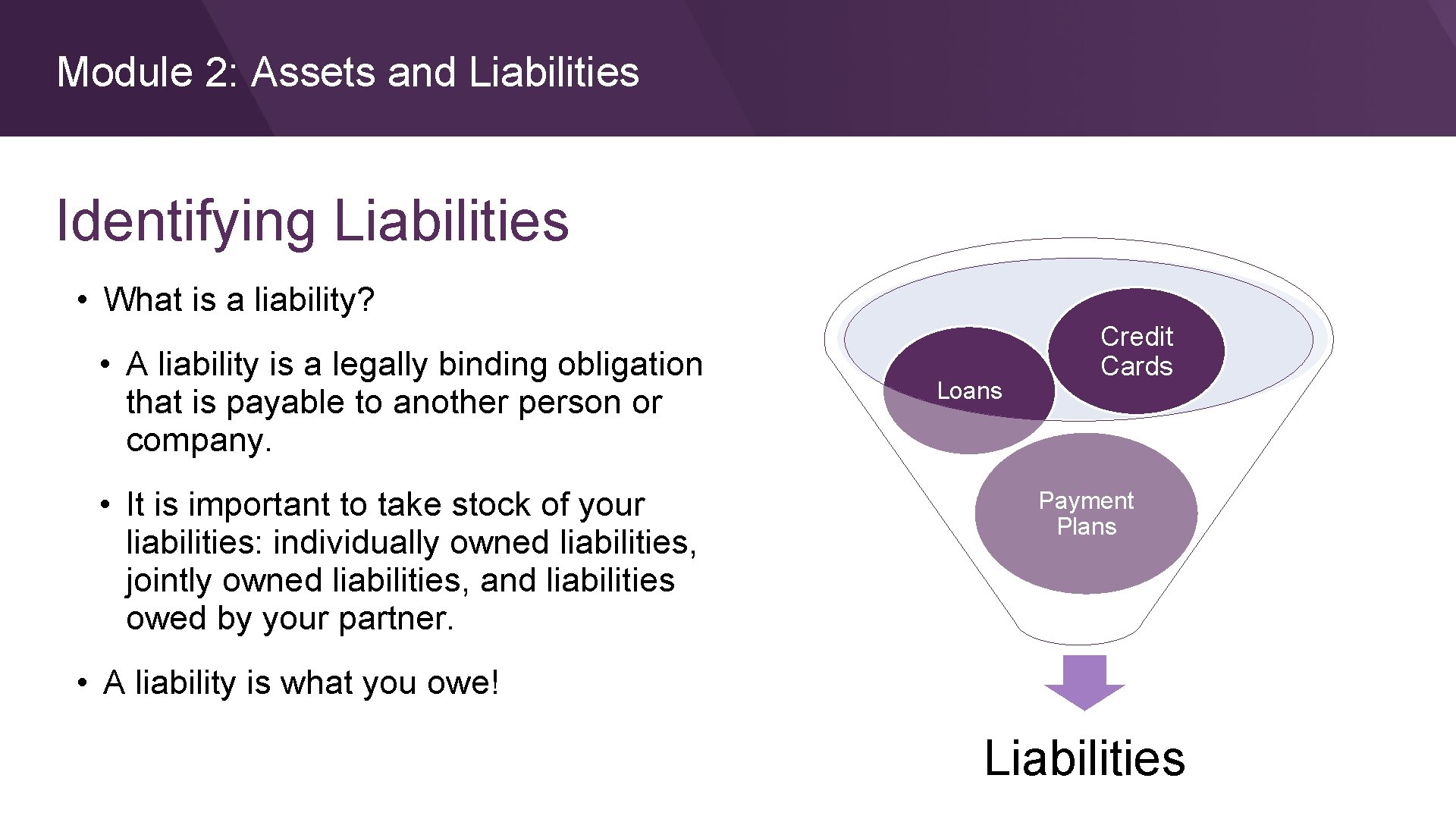 Module 2: Assets and Liabilities Identifying Liabilities • What is a liability? • A