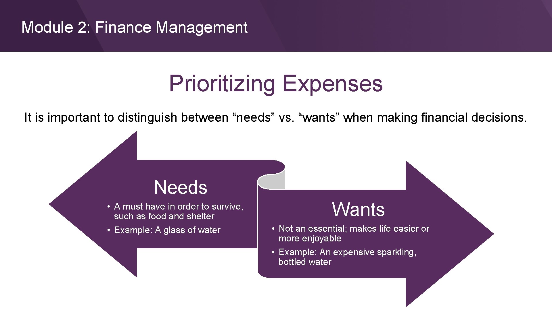 Module 2: Finance Management Prioritizing Expenses It is important to distinguish between “needs” vs.