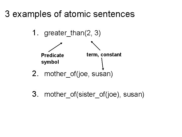 3 examples of atomic sentences 1. greater_than(2, 3) Predicate symbol term, constant 2. mother_of(joe,