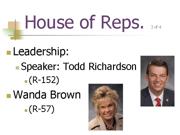 House of Reps. n Leadership: n Speaker: Todd Richardson n n (R-152) Wanda Brown