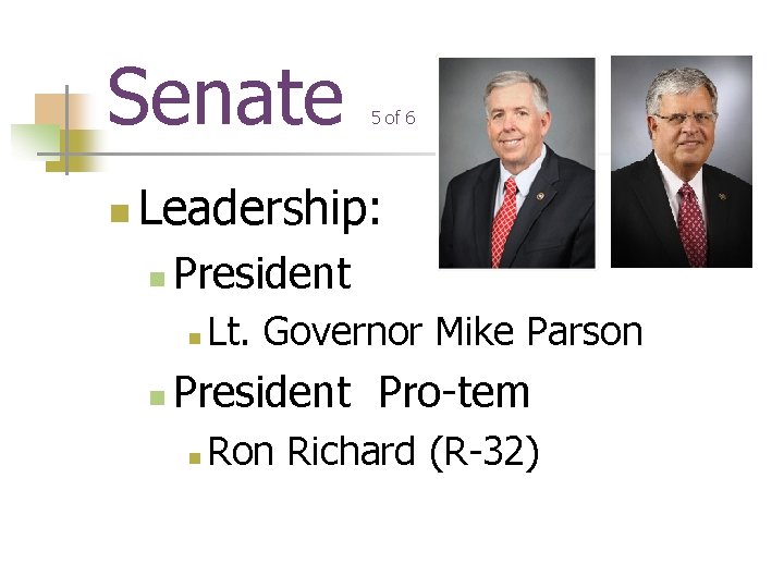 Senate n 5 of 6 Leadership: n President n n Lt. Governor Mike Parson