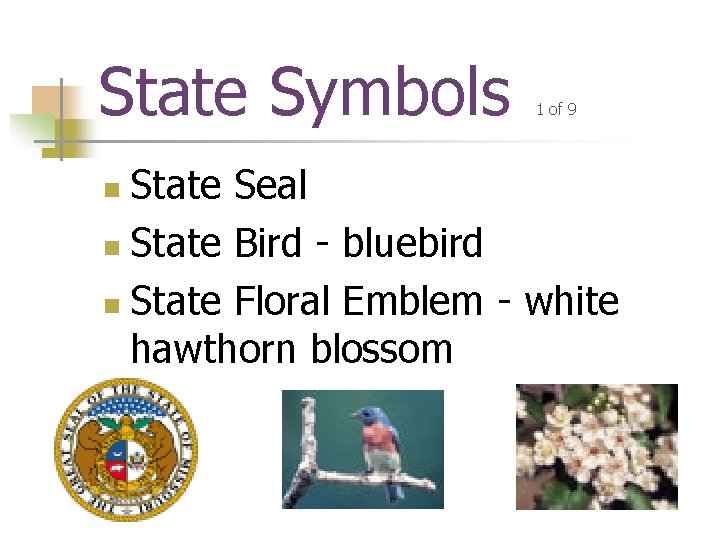 State Symbols 1 of 9 State Seal n State Bird - bluebird n State