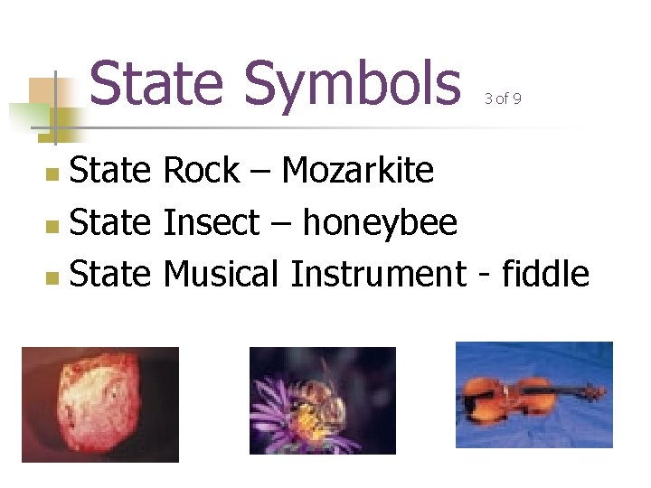State Symbols 3 of 9 State Rock – Mozarkite n State Insect – honeybee